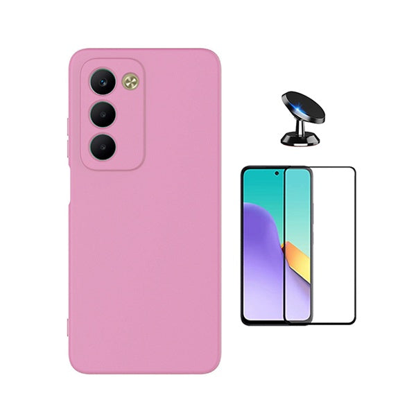 Kit Película de Vidro Temperado Gorilasglass + Capa Proteção Silicone + Suporte Magnético GIFT4ME Para Xiaomi Redmi 15 - Rosa