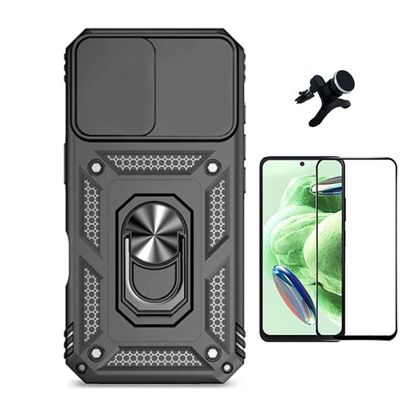 Kit Película de Vidro Temperado Gorilasglass + Capa de Proteção Militar Magnética Janela + Suporte Magnético Com Pernas GIFT4ME Para Xiaomi Redmi Note 13 4G - Preto