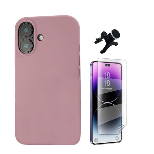 Kit Película Protectora de Hydrogel Frente + Capa Proteção Traseira Silicone + Suporte Reforçado de Carro GIFT4ME Compativel Com Apple iPhone 16 Plus - Rosa