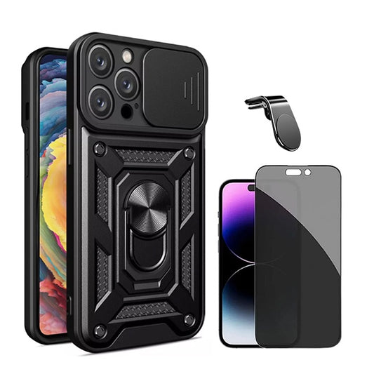 Kit Película de Vidro Temperado Privacidade + Capa de Proteção Militar Magnética Janela + Suporte de Carro Magnético L GIFT4ME Compativel Com Apple iPhone 16 Pro - Preto