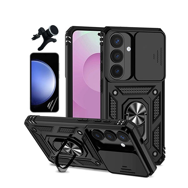 Kit Película Protectora de Hydrogel Frente + Capa de Proteção Militar Magnética Janela + Suporte Magnético Com Pernas  GIFT4ME Para Samsung Galaxy S26 - Preto