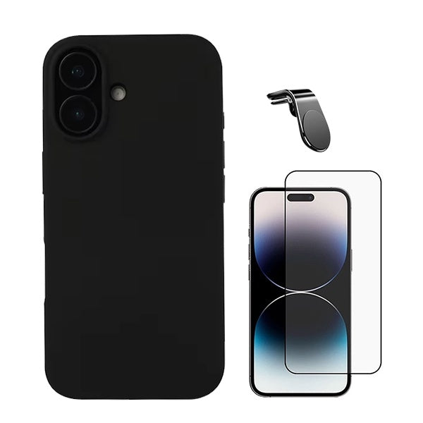 Kit Película de Vidro Temperado Gorilasglass + Capa Proteção Traseira Silicone + Suporte Magnético L GIFT4ME Compativel Com Apple iPhone 16 - Preto