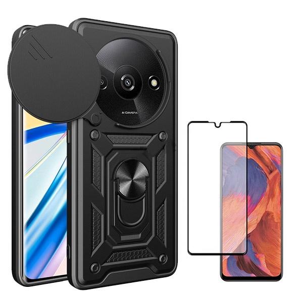 Kit Película de Vidro Temperado GOrilasGlass + Capa de Proteção Militar Magnética Janela Deslizante GIFT4ME para Xiaomi Redmi A3 - Preto