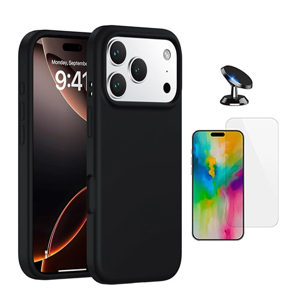 Kit Vidro Temperado Cleargorilasglass + Capa Proteção Silicone + Suporte de Carro GIFT4ME Para Apple iPhone 17 Pro - Preto