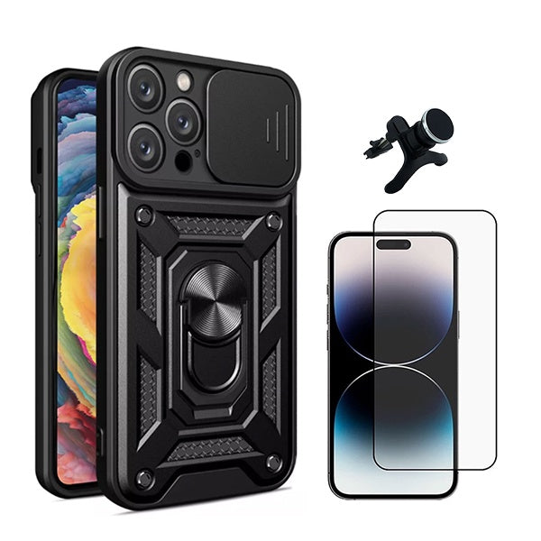 Kit Película de Vidro Temperado Gorilasglass + Capa de Proteção Militar Magnética Janela + Suporte Magnético Com Pernas GIFT4ME Compativel Com Apple iPhone 16 Pro - Preto