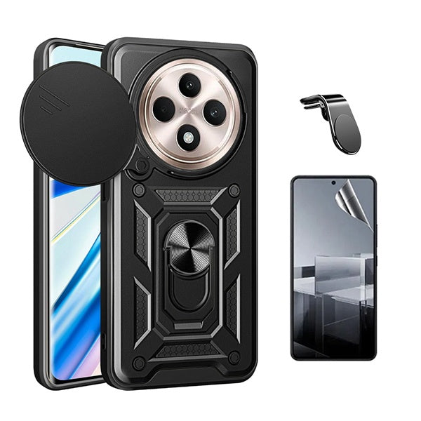 Kit Película Protectora de Hydrogel Frente + Capa de Proteção Militar Magnética Janela + Suporte Magnético Com Pernas  Gift4Me Para Oppo Reno12 F 5G - Preto