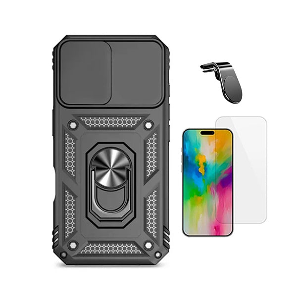 Kit Vidro Temperado Cleargorilasglass + Capa de Proteção Militar Magnética Janela + Suporte de Carro Magnético L GIFT4ME Para Apple iPhone 17 Pro Max - Preto