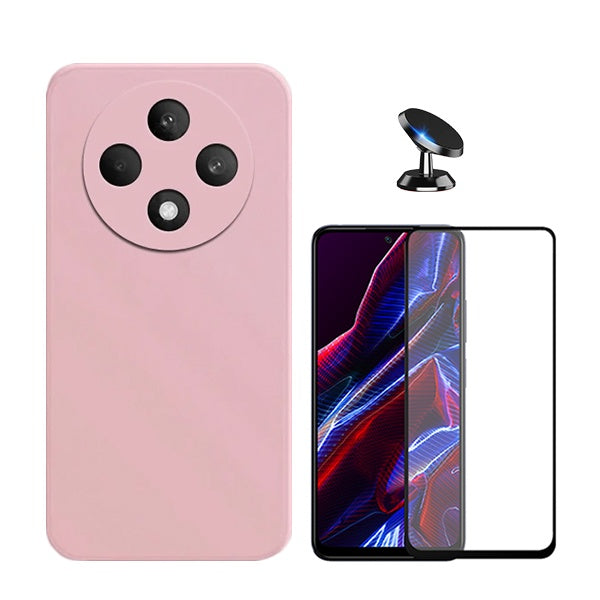 Kit Película de Vidro Temperado Gorilasglass + Capa Proteção Traseira Silicone + Suporte Magnético GIFT4ME Compativel Com Oppo Reno12 F 4G - Rosa