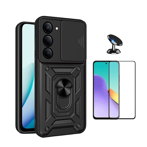 Kit Película de Vidro Temperado Gorilasglass + Capa de Proteção Militar Magnética Janela + Suporte Magnético GIFT4ME Para Xiaomi Redmi 15 4G - Preto