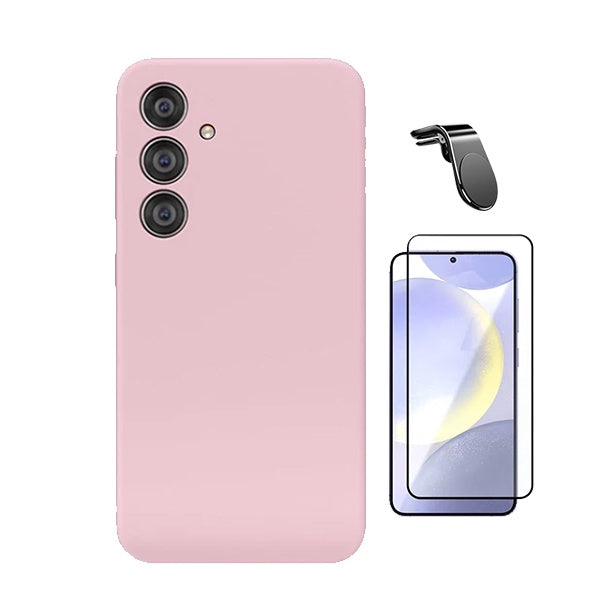 Kit Película de Vidro Temperado Gorilasglass + Capa Proteção Silicone + Suporte Magnético L Gift4Me Para Samsung Galaxy S25 + Plus - Rosa