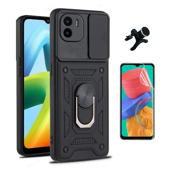 Kit Película Protectora de Hydrogel Frente + Capa de Proteção Militar Magnética Janela + Suporte Magnético Com Pernas  Gift4Me Para Xiaomi Poco C50 - Preto