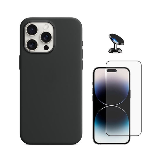 Kit Película de Vidro Temperado Gorilasglass + Capa Proteção Traseira Silicone + Suporte Magnético GIFT4ME Compativel Com Apple iPhone 16 Pro Max - Preto