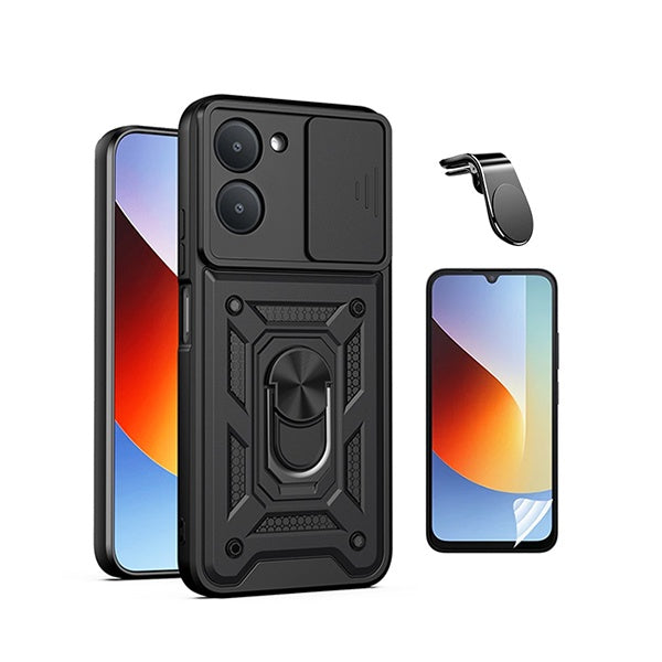 Kit Película Protectora de Hydrogel Frente + Capa de Proteção Militar Magnética Janela + Suporte de Carro Magnético L GIFT4ME Para Xiaomi Redmi A7 - Preto
