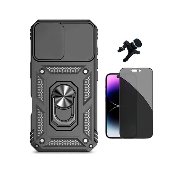 Kit Película de Vidro Temperado Privacidade + Capa de Proteção Militar Magnética Janela +  Suporte Magnético Com Pernas  GIFT4ME Para Apple iPhone 17 - Preto
