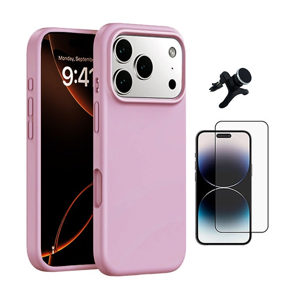 Kit Película de Vidro Temperado Gorilasglass + Capa Proteção Silicone + Suporte Reforçado de Carro GIFT4ME Para Apple iPhone 17 Pro - Rosa