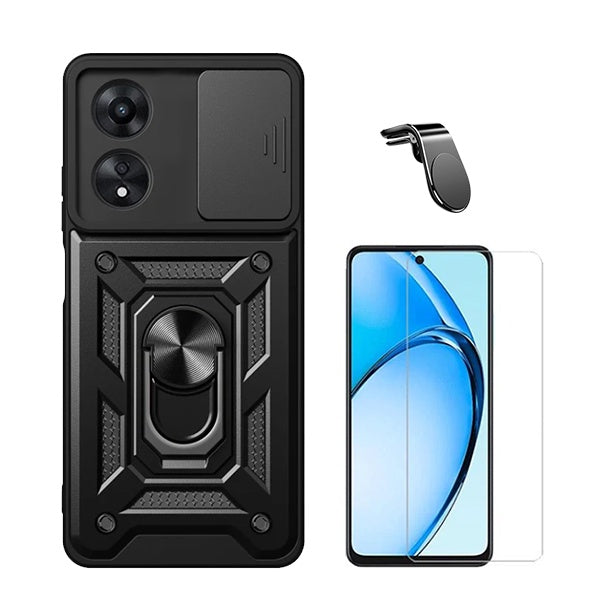 Kit Vidro Temperado Cleargorilasglass + Capa de Proteção Militar Magnética Janela + Suporte de Carro Magnético L GIFT4ME Compativel Com Oppo A60 - Preto