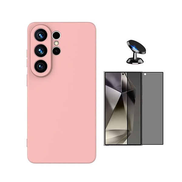 Kit Película de Vidro Temperado Privacidade + Capa Proteção Silicone + Suporte Magnético GIFT4ME Para Samsung Galaxy S26 Ultra - Rosa