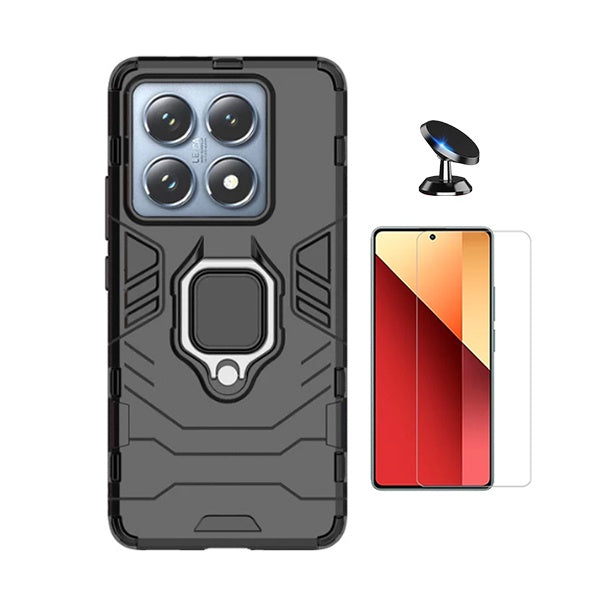 Kit Vidro Temperado Cleargorilasglass + Capa de Proteção Militar Magnética + Suporte Magnético Gift4Me Para Xiaomi 14T - Preto