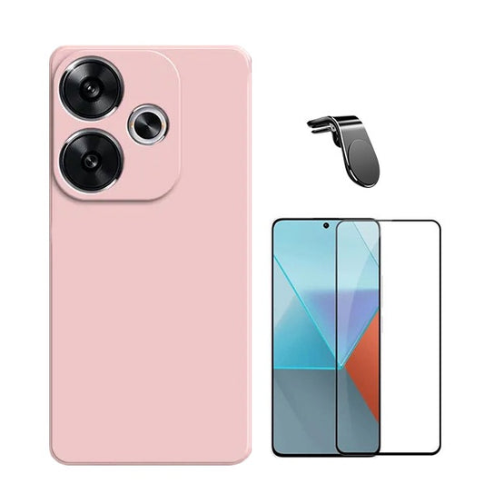 Kit Película de Vidro Temperado Gorilasglass + Capa Proteção Traseira Silicone + Suporte Magnético L GIFT4ME Compativel Com Xiaomi Poco F6 - Rosa