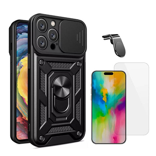 Kit Vidro Temperado Cleargorilasglass + Capa de Proteção Militar Magnética Janela + Suporte de Carro Magnético L GIFT4ME Compativel Com Apple iPhone 16 Pro - Preto