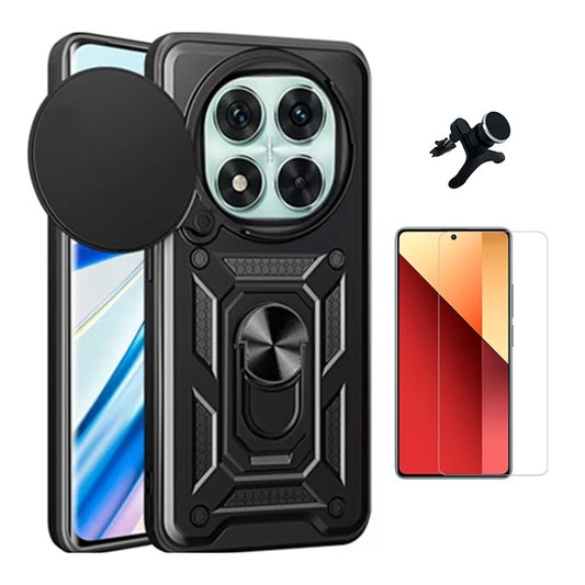 Kit Vidro Temperado Cleargorilasglass + Capa de Proteção Militar Magnética Janela + Suporte Magnético Com Pernas  Gift4Me Para Xiaomi Redmi Note 14 Pro - Preto