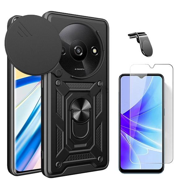 Kit Vidro Temperado ClearGOrilasGlass + Capa de Proteção Militar Magnética Janela Deslizante + Suporte Magnético L GIFT4ME para Xiaomi Redmi A3 - Preto