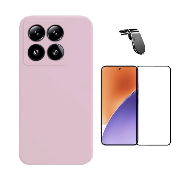 Kit Película de Vidro Temperado Gorilasglass Curvado + Capa Proteção Silicone + Suporte Magnético L Gift4Me Para Xiaomi 15 Pro - Rosa