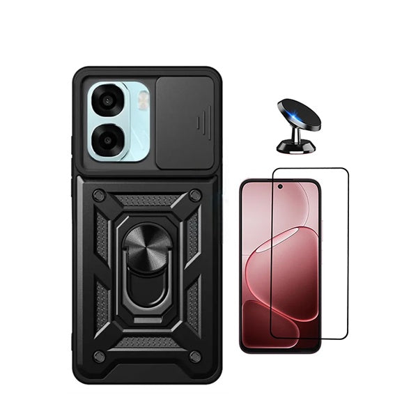 Kit Película de Vidro Temperado Gorilasglass + Capa de Proteção Militar Magnética Janela + Suporte Magnético GIFT4ME Para Oppo A6 4G - Preto