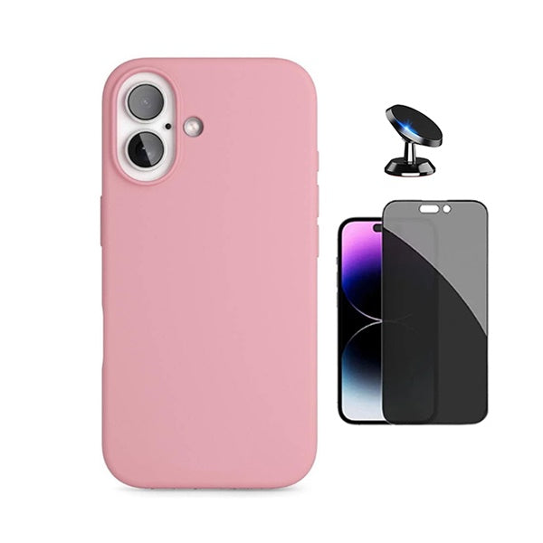 Kit Película de Vidro Temperado Privacidade + Capa Proteção Silicone + Suporte Magnético GIFT4ME Para Apple iPhone 17 - Rosa