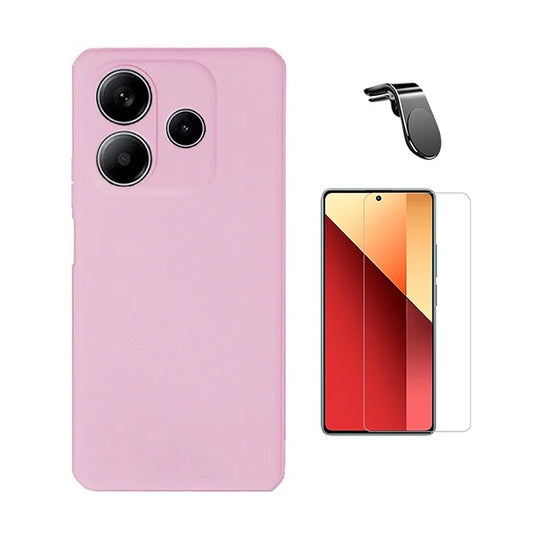 Kit Vidro Temperado Cleargorilasglass + Capa Proteção Silicone + Suporte Magnético L Gift4Me Para Xiaomi Redmi Note 14 4G - Rosa