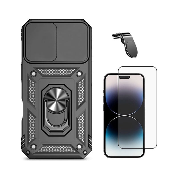 Kit Película de Vidro Temperado Gorilasglass + Capa de Proteção Militar Magnética Janela + Suporte de Carro Magnético L GIFT4ME Compativel Com Apple iPhone 16 - Preto