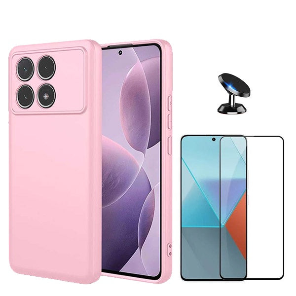 Kit Película de Vidro Temperado Gorilasglass + Capa Proteção Traseira Silicone + Suporte Magnético GIFT4ME Compativel Com Xiaomi Poco F6 Pro - Rosa