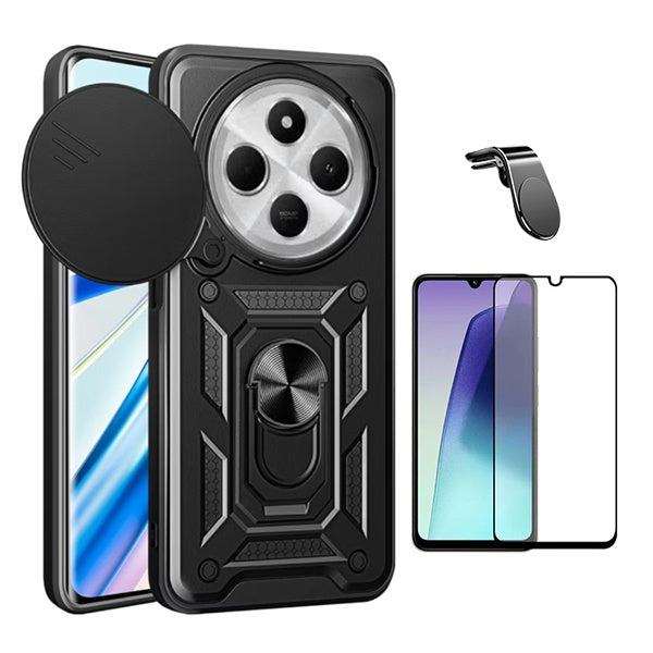 Kit Película de Vidro Temperado Gorilasglass + Capa de Proteção Militar Magnética Janela + Suporte de Carro Magnético L Gift4Me Para Xiaomi Redmi 14C 5G - Preto