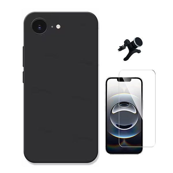 Kit Vidro Temperado Cleargorilasglass + Capa Proteção Silicone +  Suporte Reforçado de Carro GIFT4ME Para Apple iPhone 16e - Preto