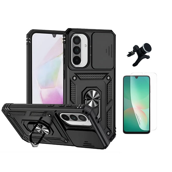Kit Película Protectora de Hydrogel Frente + Capa de Proteção Militar Magnética Janela + Suporte Magnético Com Pernas  GIFT4ME Para Samsung Galaxy A17 5G - Preto