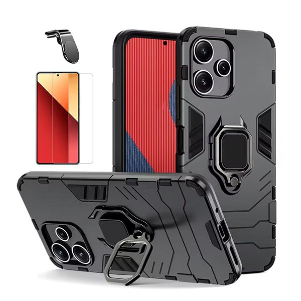 Kit Vidro Temperado Cleargorilasglass + Capa de Proteção Militar Magnética +  Suporte de Carro Magnético L Gift4Me Para Xiaomi Redmi Note 14 - Preto