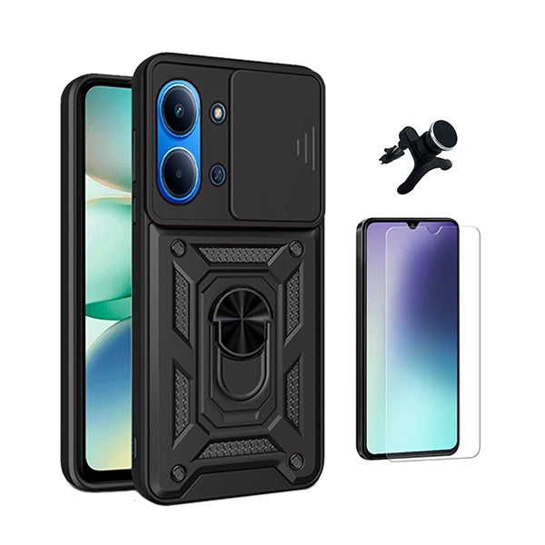 Kit Vidro Temperado Cleargorilasglass + Capa de Proteção Militar Magnética Janela + Suporte Magnético Com Pernas  GIFT4ME Para Xiaomi Poco C85 - Preto