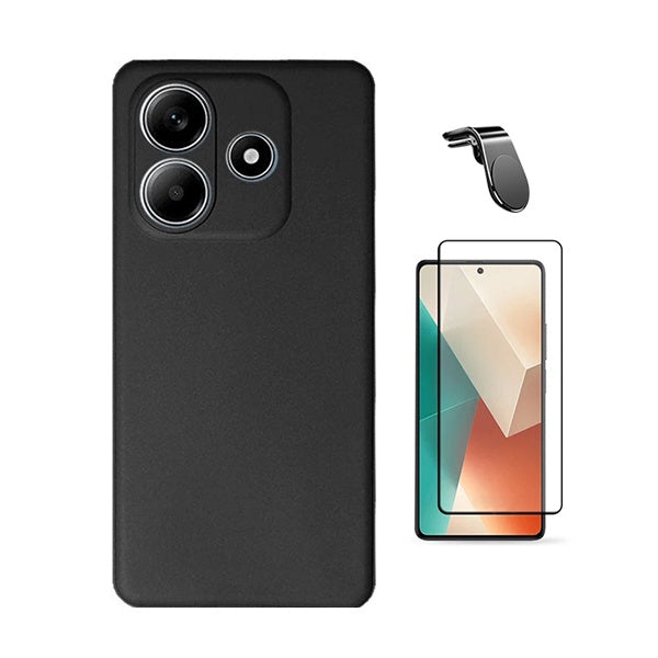 Kit Película de Vidro Temperado Gorilasglass + Capa Proteção Silicone + Suporte Magnético L Gift4Me Para Xiaomi Redmi Note 14 - Preto