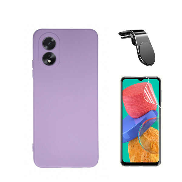 Kit Película ProtectOra de Hydrogel Frente + Capa Proteção Traseira Silicone + Suporte de Carro Magnético L GIFT4ME para Oppo A18 - Roxo