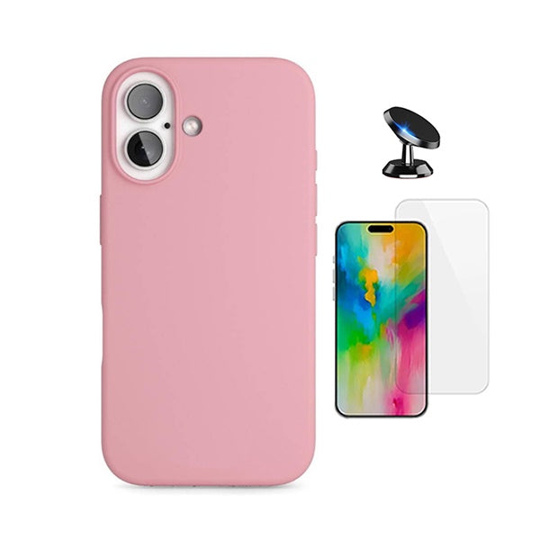 Kit Vidro Temperado Cleargorilasglass + Capa Proteção Silicone + Suporte de Carro GIFT4ME Para Apple iPhone 17 - Rosa
