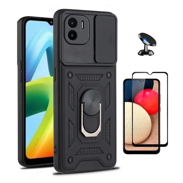 Kit Película de Vidro Temperado Gorilasglass + Capa de Proteção Militar Magnética Janela + Suporte Magnético Gift4Me Para Xiaomi Redmi A1 - Preto