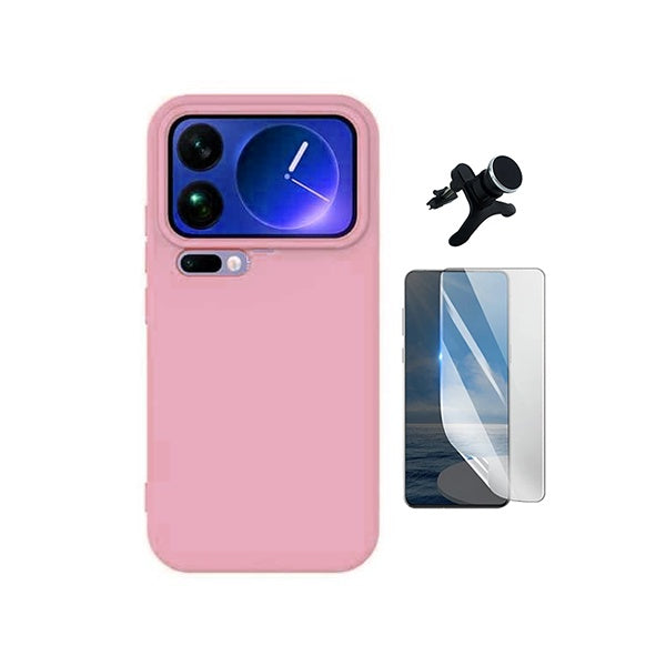 Kit Película Protectora de Hydrogel Frente + Capa Proteção Silicone + Suporte Reforçado de Carro GIFT4ME Para Xiaomi 17 Pro 5G - Rosa