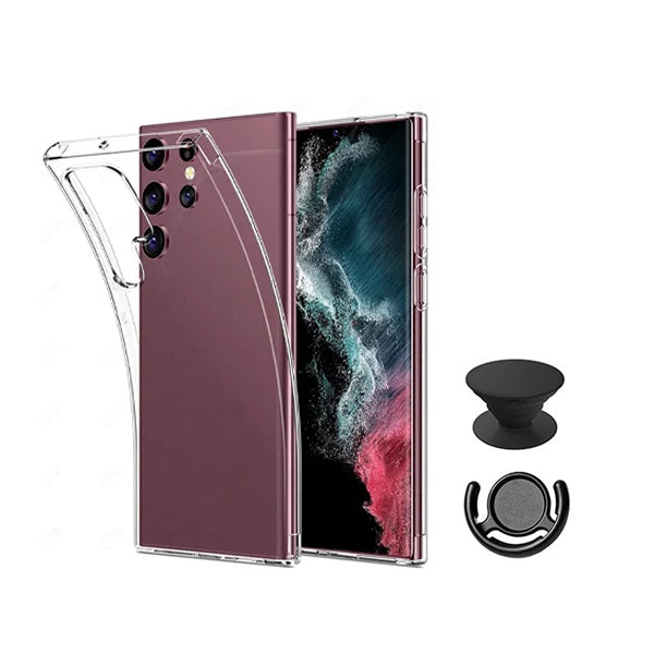Kit Capa 360° Proteção Frente e Verso + 1 Handholder + 1 Suporte Handholder Preto Gift4Me Para Samsung Galaxy S25 Ultra - Transparente/Preto