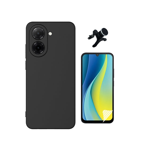 Kit Película Protectora de Hydrogel Frente + Capa Proteção Silicone + Suporte Reforçado de Carro GIFT4ME Para Xiaomi Redmi A7 4G - Preto