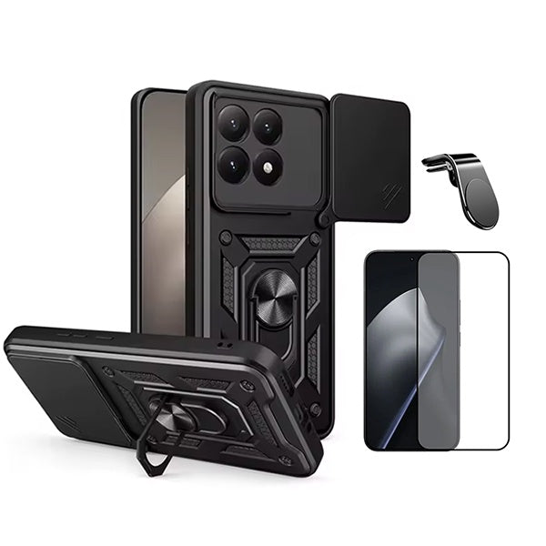 Kit Película de Vidro Temperado Gorilasglass + Capa de Proteção Militar Magnética Janela + Suporte de Carro Magnético L GIFT4ME Para Xiaomi 15T 5G - Preto