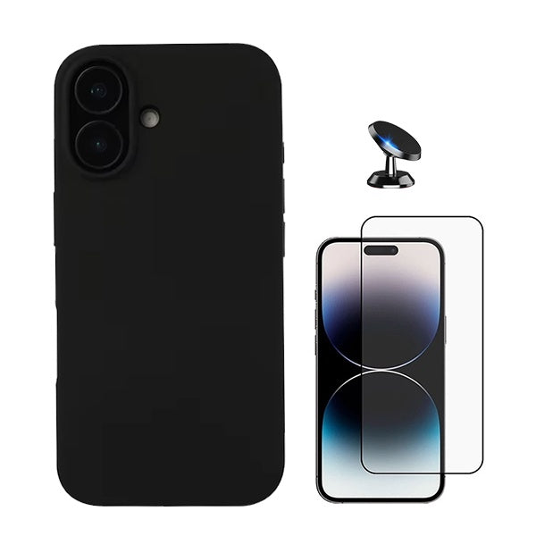 Kit Película de Vidro Temperado Gorilasglass + Capa Proteção Traseira Silicone + Suporte Magnético GIFT4ME Compativel Com Apple iPhone 16 Plus - Preto