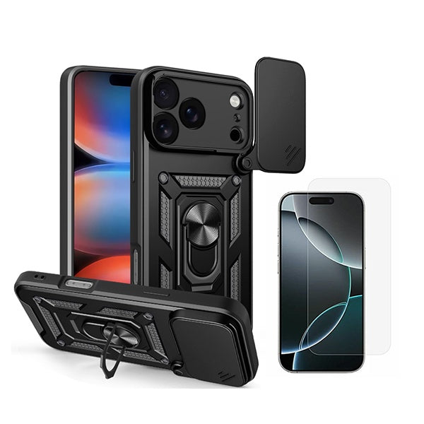Kit Vidro Temperado Cleargorilasglass + Capa de Proteção Militar Magnética Janela GIFT4ME Para Apple iPhone 18 Pro - Preto