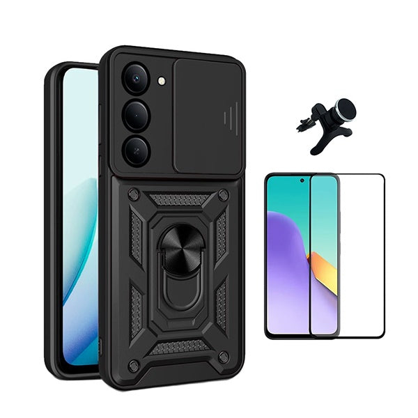 Kit Película de Vidro Temperado Gorilasglass + Capa de Proteção Militar Magnética Janela + Suporte Magnético Com Pernas GIFT4ME Para Xiaomi Redmi 15 4G - Preto