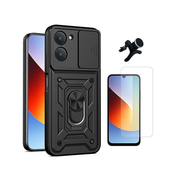 Kit Vidro Temperado Cleargorilasglass + Capa de Proteção Militar Magnética Janela + Suporte Magnético Com Pernas  GIFT4ME Para Xiaomi Redmi A7 - Preto