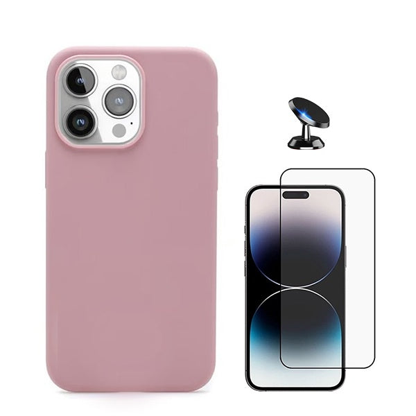 Kit Película de Vidro Temperado Gorilasglass + Capa Proteção Traseira Silicone + Suporte Magnético GIFT4ME Compativel Com Apple iPhone 16 Pro - Rosa